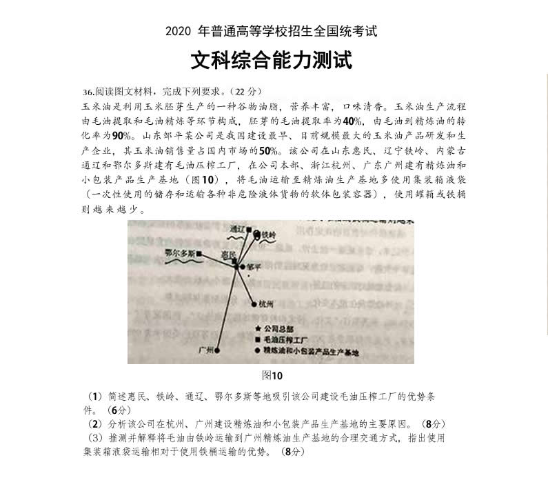 山東三星集團(tuán)玉米油登上了2020全國高考卷！這道題你會怎么答？